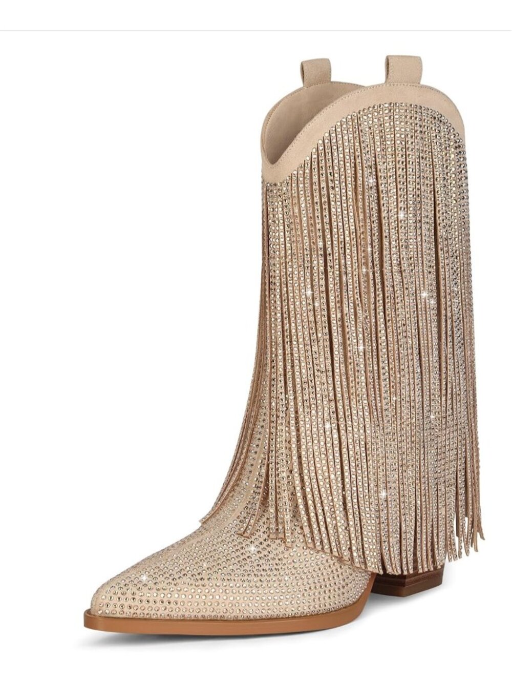Women's Beige Suede With Rhinestones Sparkly Fringe Stacked Heel Cowgirl Boots